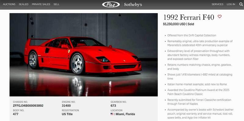 Ferrari F40 v zberateľskom stave na aukcii